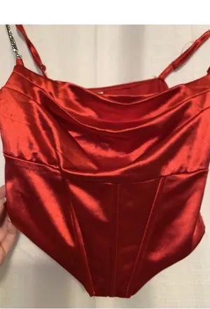 Red Satin Cowl Cami Top With Rhinestone Straps Size Small thumbnail 2