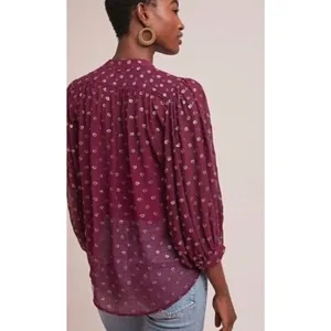 Moulinette Soeurs Anthropologie Allegra Gold Foil Printed Burgundy Blouse Size M thumbnail 2