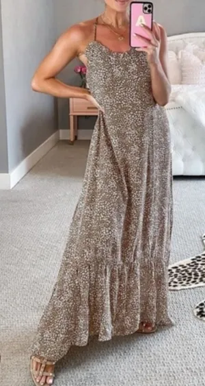 Flawless Maxi Slip Dress with Delicate Flower Print - Taupe Size Small Oversized Look thumbnail 1