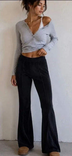 Aerie Ribbed Velvet Flare Pull On Pants L Wide Leg Lounge Boho thumbnail 1
