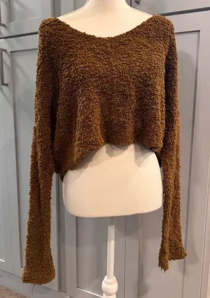 Free People Brown Popcorn Knit Cropped V-Neck Slouchy Sweater Small Oversized thumbnail 1