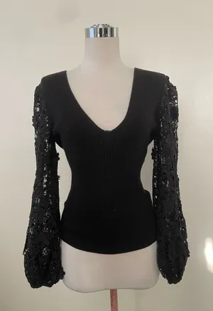 French Connection Black Ribbed Sweater Top with sheer embroidery sleeves thumbnail 1