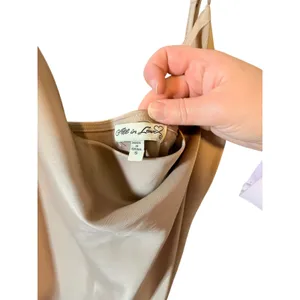 All In Love Champagne Satin Cowl Neck Midi Slip Dress Side Slit Beige Small thumbnail 3
