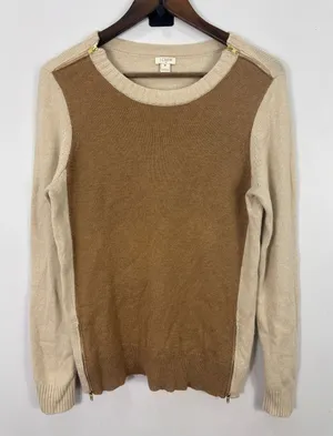 J.Crew Sweater Womens Medium Brown Beige Colorblock Merino Wool Blend Zip Detail thumbnail 1
