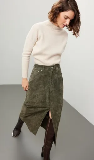 BlankNYC Hunter Green Retro Suede Leather Front Slit Pencil Midi Skirt Size 29 thumbnail 1