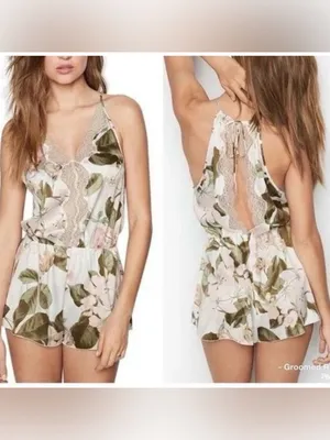 Victoria's Secret Floral Lace-Trim Satin Romper - Pink & Green thumbnail 2