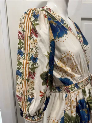 Farm Rio Floral Wrap Midi Dress in Cream with Blue & Red Blooms Size Small thumbnail 8