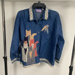 Vintage Denim Cat Patchwork Shirt Size 1X Blue thumbnail 1