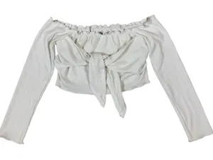 Runaway The Label White Off Shoulder Long Sleeve Ribbed Tie Front Crop Top‎ Boho Medium thumbnail 1