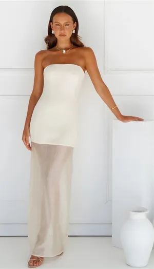 Elegant Strapless Cream Maxi Dress with Sheer Lower Skirt thumbnail 1