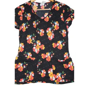 Dickies Scrub Top Women Small Black Floral V-Neck Short Sleeve Front‎ Pockets thumbnail 2