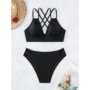 Boutique Black Push Up V Neck Bikini Criss Cross Back Two Piece Bathing Suit LARGE thumbnail 4