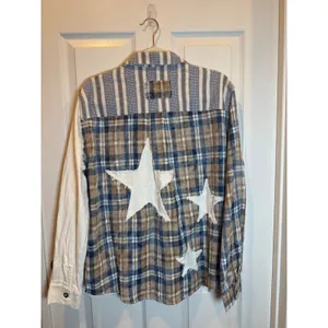 Easel Mixed Media Patchwork Plaid Striped Star Button Down Shirt Blue Size Small thumbnail 5