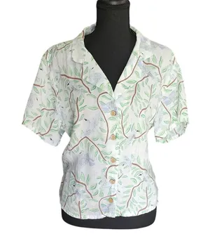 Cynthia Rowley Womens White 100% Linen Nature Shirt Bird Floral Short Sleeve M‎ thumbnail 1