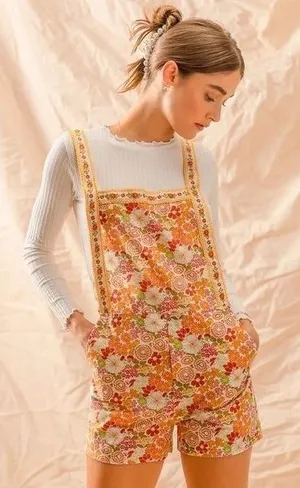 So Me Floral Romper Women Medium Orange Yellow Retro 70s Cotton Boho Cottagecore thumbnail 1