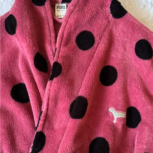 PINK Pink Polka Dot Plush Vintage Robe with Black Spots XS thumbnail 3