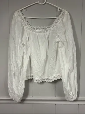 Old Navy White Long-Sleeve Lace Trim Top Square Neck Small Tall Loose Fit Summer thumbnail 2