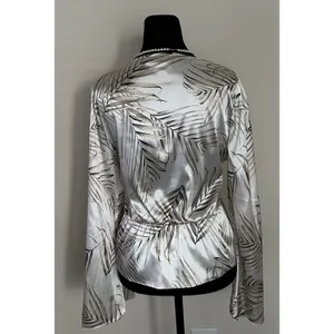 White House | Black Market Satin Feel Peplum Blouse Palm Print Bell Sleeve Boho Coastal Ivory Size M thumbnail 3