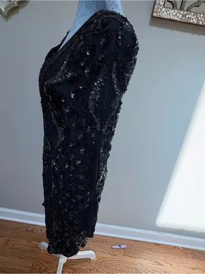 Vintage silk long sleeve black fully beaded dress gown cocktail party elegant thumbnail 4
