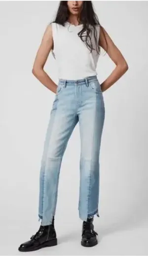 ALL SAINTS Kim Two‎ Tone Asymmetric Hem Jeans in Mid Indigo Size 27 thumbnail 1
