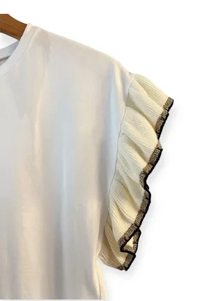 ZARA Trimmed T-Shirt White Top Gold Black Knit Cap Sleeve Ruffle Crew Neck Small thumbnail 3