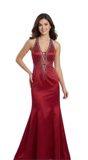 Dave & Johnny VTG Red A-Line Satin Corset Beaded Gown 9/10 Strappy Prom Vampire thumbnail 1