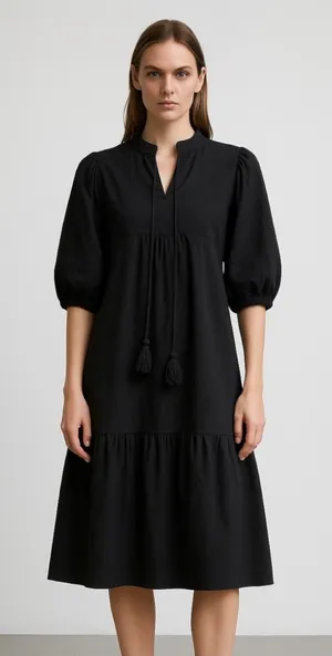 Blank Black Balloon Sleeve Tassel Tie Neck Split V-Neck Tiered Midi Dress Sz XS thumbnail 1
