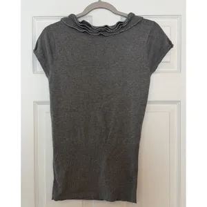 Caché NWT Ruffle Neck SS Sweater Gray Metallic Ribbed Hem‎ Silk Blend Y2K Small thumbnail 2