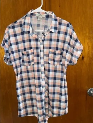 Love Potion Women Plaid Button Down Shirt Peach Navy Blue Short Sleeve SZ M (C) thumbnail 1