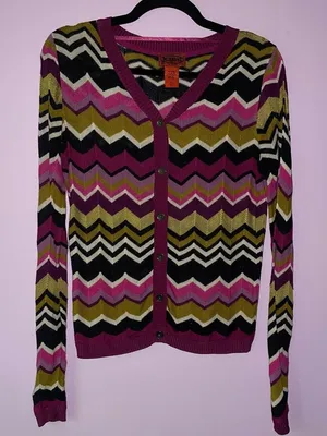 Missoni XS Cardigan Purple Green Chevron Woven Knit Ribbed Long Sleeve Button thumbnail 1