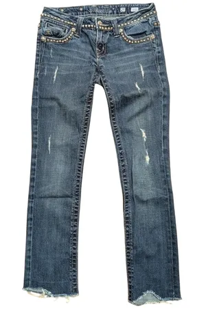 MISS ME Skinny Straight Jeans‎ Womens 25 BLING Studs Rhinestones Crystals Frayed thumbnail 1