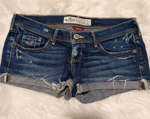 Y2K 2000s Hollister Women's Dark Wash Distressed Denim Low Rise Jean Shorts thumbnail 1