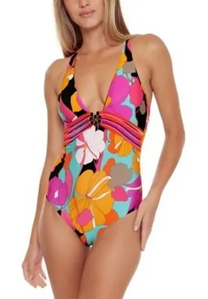 Trina Turk Gemini Plunge One Piece‎ Swimsuit Multicolor Black Hardware NWT 14 thumbnail 1