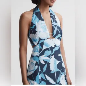 Reiss Kaia Linen Halter Neck Midi Dress‎ Size 6 Black Blue Keyhole Vacation thumbnail 9