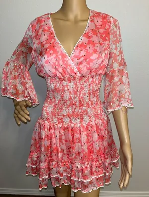 Chelsea & Violet Coral Pink Floral Smocked Mini Dress thumbnail 1