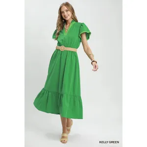 Umgee Contrast Trim Midi Dress with Tiered Ruffle Hem - Kelly Green - Small thumbnail 4