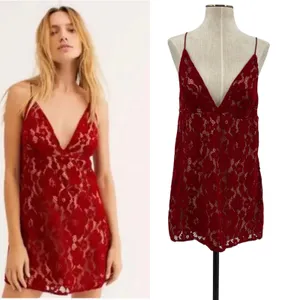 Free People Dangerous Love Lace Mini‎ Dress Red V Neck Low Back US 4 thumbnail 2