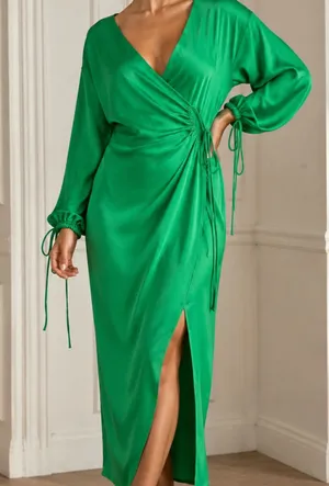 ASOS DESIGN Satin Wrap Midi Dress US 8 Green Balloon Sleeve Ruched Side Slit thumbnail 1