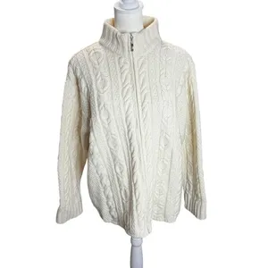 Inis Crafts Ireland Merino Wool Fisherman Cable Knit Zip Sweater Cream Small thumbnail 2