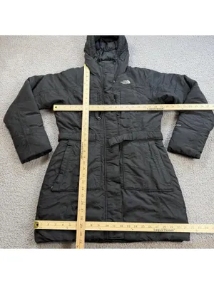 The North Face Womens Black Hooded Down Parka Jacket Small Belted Winter Coat thumbnail 3