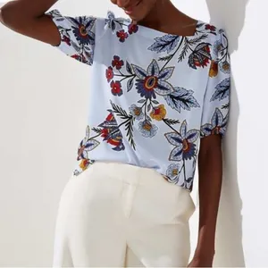 Loft Women's Size Small Square Neck Blouse‎ Light Blue Floral Red Gold White thumbnail 1