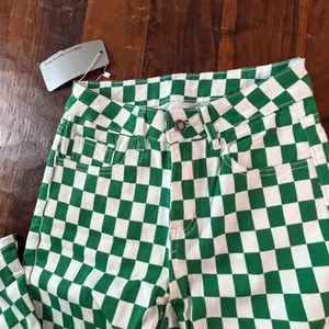 Fashion Green White Checkered Flare Jeans High Waisted Wide Leg Size 2 NEW thumbnail 9