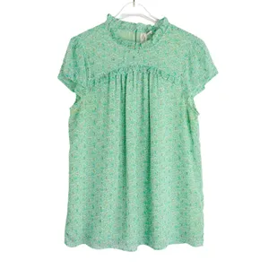 Joie Green Floral Babydoll Blouse with Gold Accents Short Sleeve Medium thumbnail 3