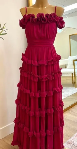 Ruffled off shoulder maxi dress in deep fuschia thumbnail 1