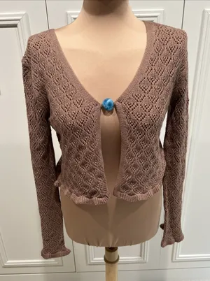 Sincerely Jules Brown Pointelle Crop Sweater Festival Boho Fairy Open Knit thumbnail 1