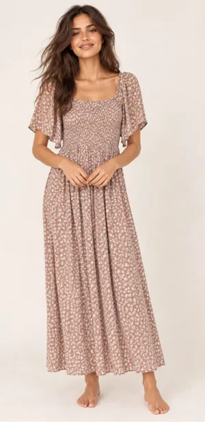 Heyson Floral Smocked Maxi Dress Dusty Blush Cottagecore Boho Romantic Prairie thumbnail 1