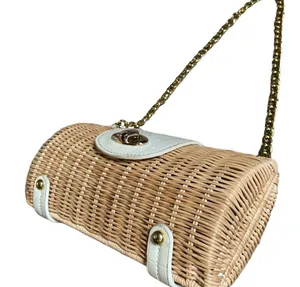 Vintage Woven Wicker Handbag Made In British Hong Kong w/ Leather Trim & Handles thumbnail 4