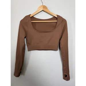 Brown Ribbed Seamless Long Sleeve Crop Top Square Neck Thumbhole‎ L thumbnail 7