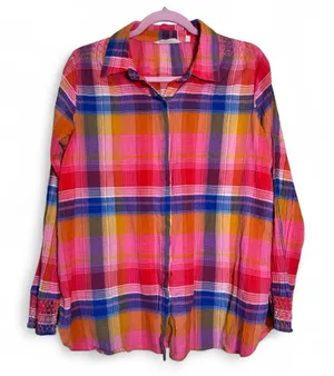 Soft Surroundings Pink Blue Plaid Button Down Shirt Womens L Casual Fall Flannel thumbnail 1
