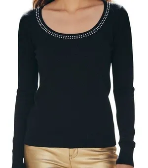 NANETTE LEPORE Black‎ Silver-tone Studded Scoop Neck Ribbed Knit L/S Top NWOT S thumbnail 1